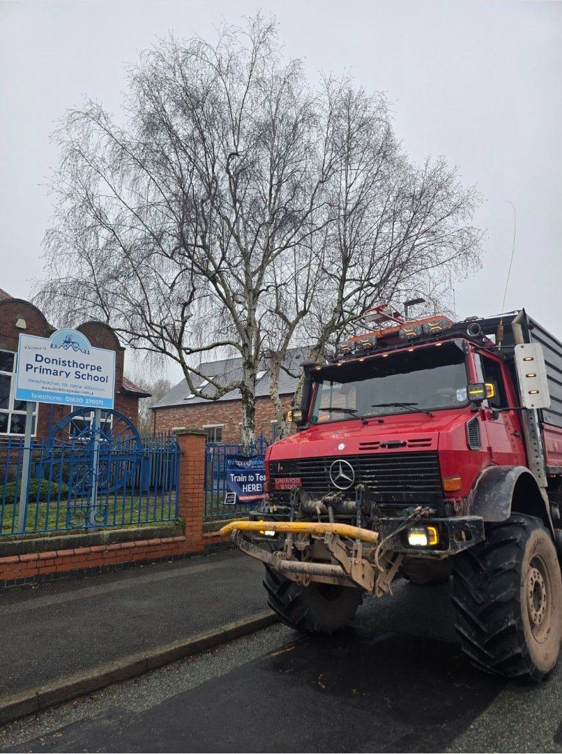 HB Forestry Unimog outside Donisthorpe Primary School